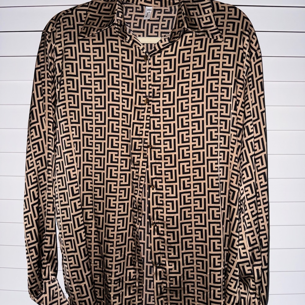 Geometric Patterned Black and Tan Men's Shirt